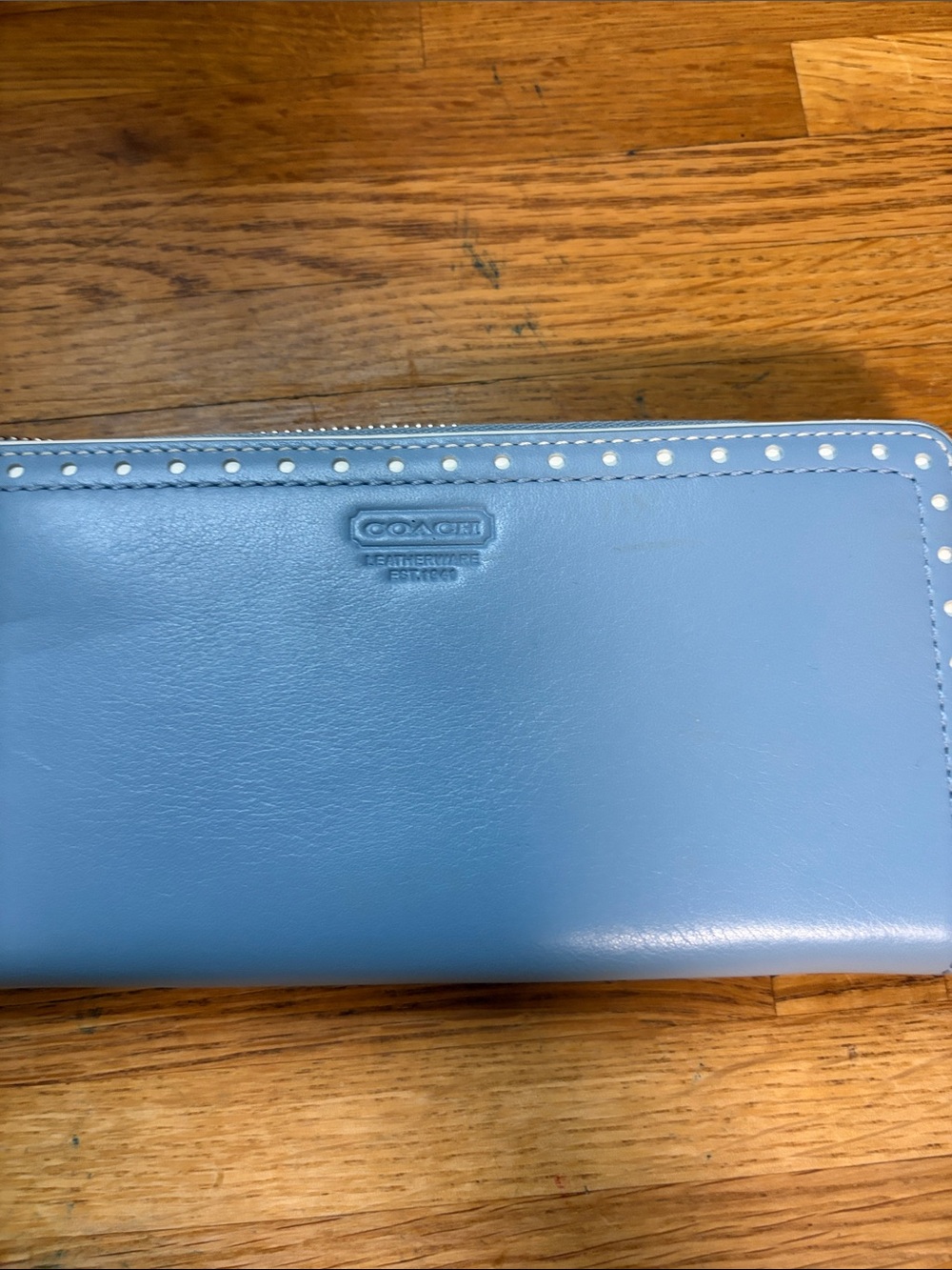 Coach Sky Blue Leather Zip-Around Long Wallet with White Perforated Accent NWT